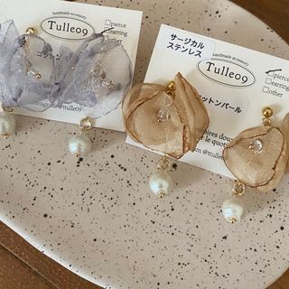 再販5ブラウンシフォンぽってりパールピアス♡イヤリング(ピアス)