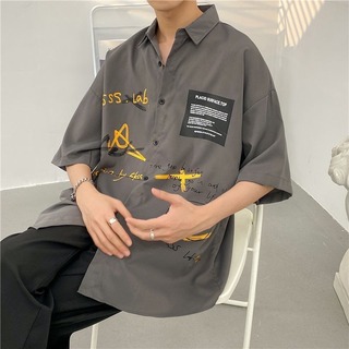 【大人気】 シャツ ビッグシルエット 個性的 半袖 グレー L メンズ (シャツ)