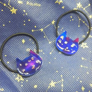 【即購入OK 値下】～宇宙猫～  宇宙 レジン ヘアゴム 猫 アクセサリー(ヘアアクセサリー)