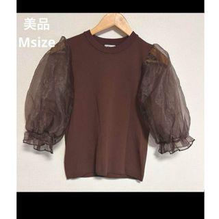 【翌日発送】美品☆パフスリーブ袖切り返しレーストップス ブラウン茶 半袖 M(シャツ/ブラウス(半袖/袖なし))