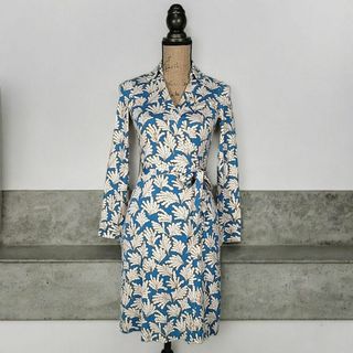 DVF◎カシュクールワンピース(M)膝丈ワンピース 花柄総柄 襟付き 長袖シルク