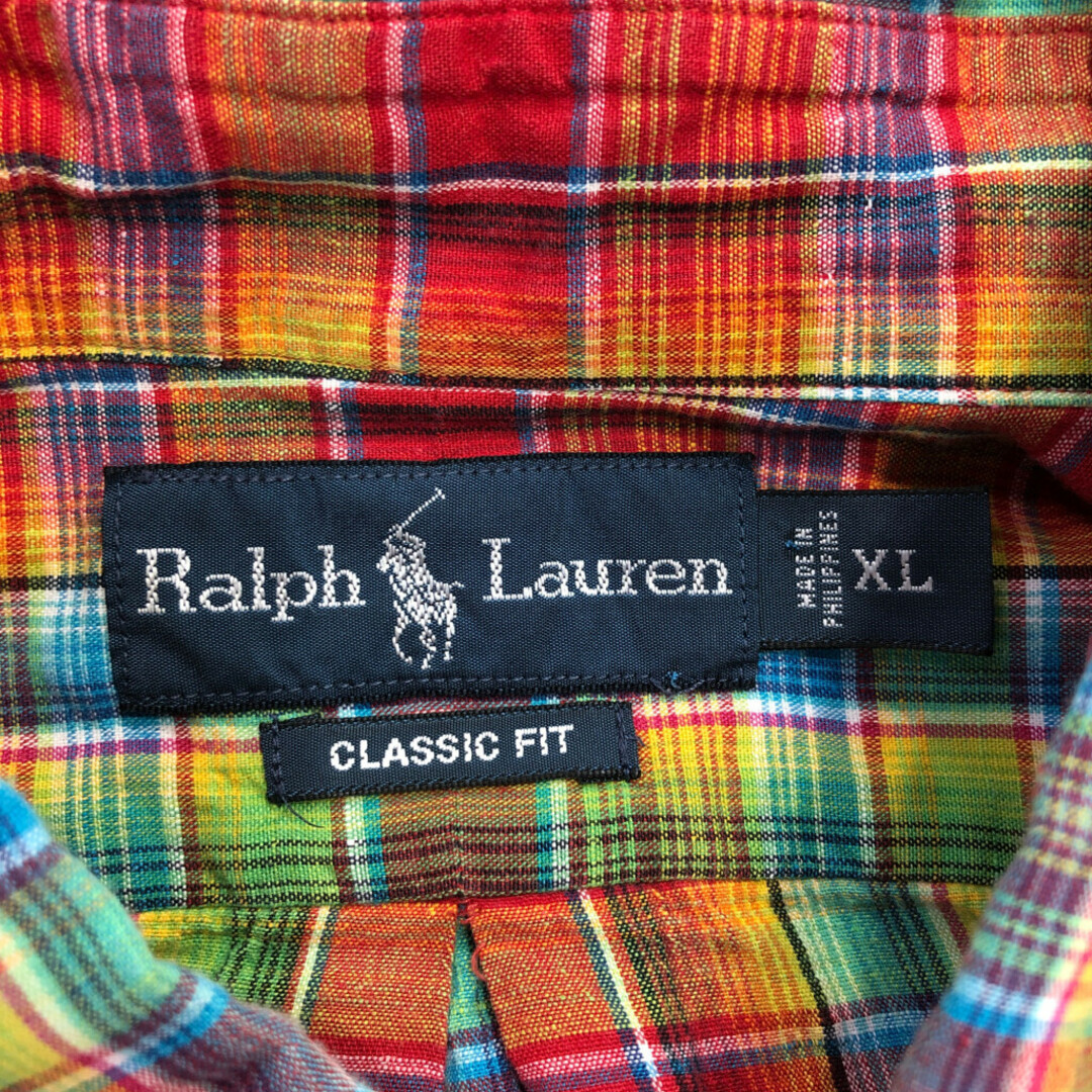 RALPH LAUREN ラルフローレン コットン リネン ボタンダウン 長袖シャツ チェック マルチカラー (メンズ XL) 中古 古着 Q7224 メンズのトップス(シャツ)の商品写真