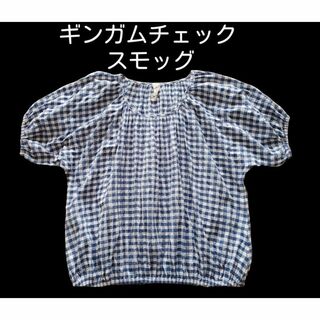 美品！紺×白チェック　スモック　ブラウス　M(シャツ/ブラウス(半袖/袖なし))