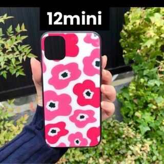 iPhone12miniケース 強化ガラス 北欧 花柄 ピンク(iPhoneケース)