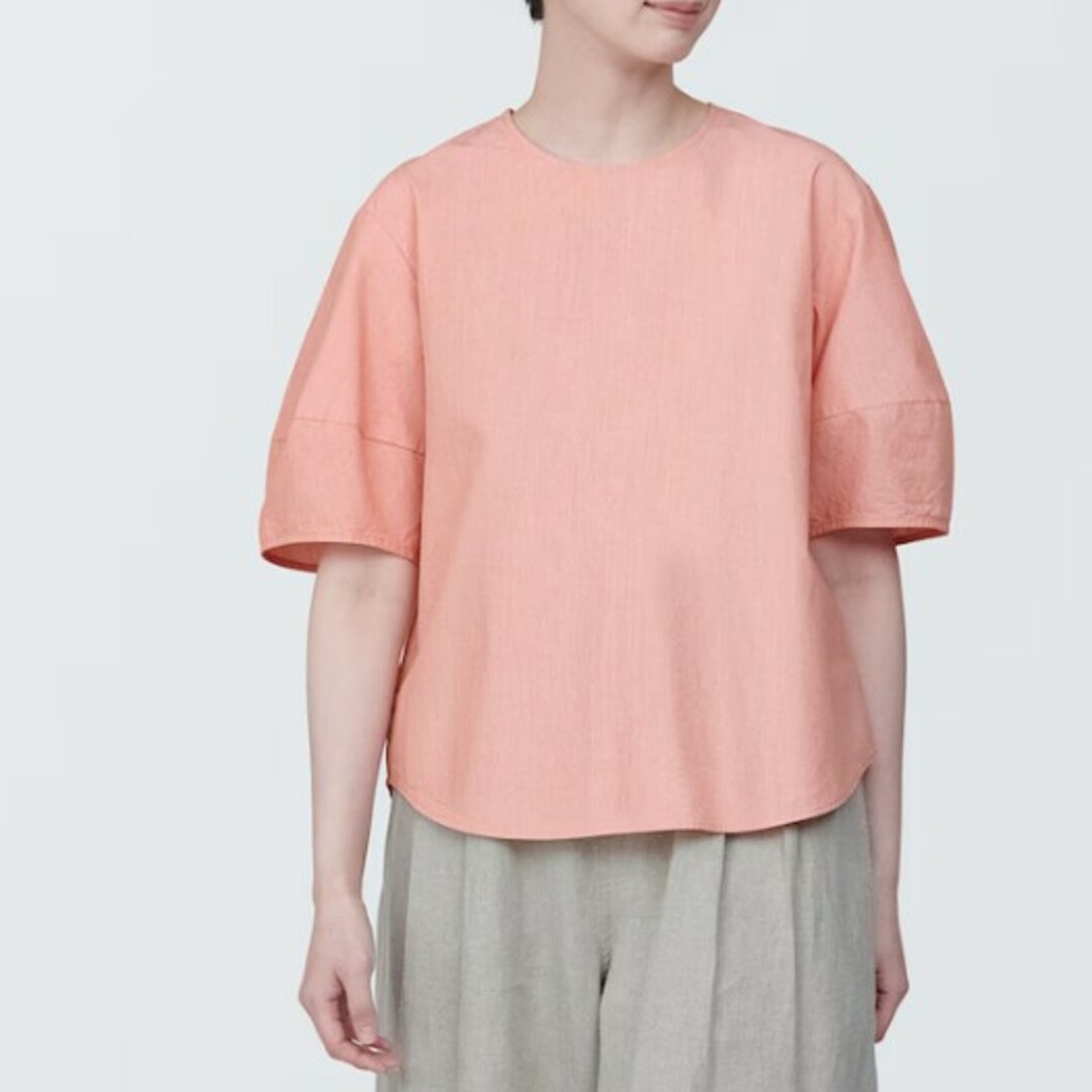MUJI (無印良品)(ムジルシリョウヒン)の無印良品　MUJI　涼感ブロード半袖ブラウス　婦人　オレンジストライプ　L レディースのトップス(シャツ/ブラウス(半袖/袖なし))の商品写真
