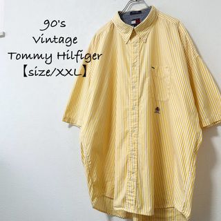 トミーヒルフィガー(TOMMY HILFIGER)の美品★90s★トミーヒルフィガー★半袖シャツ★ストライプ★イエロー/黄白★XXL(シャツ)