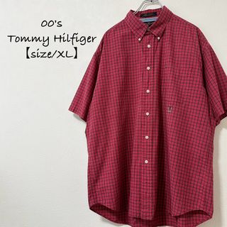 トミーヒルフィガー(TOMMY HILFIGER)の00s★トミーヒルフィガー★半袖シャツ★チェック★オールドロゴ★レッド/赤★XL(シャツ)