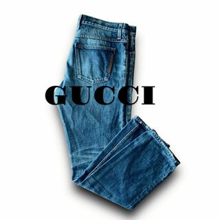 グッチ(Gucci)のD17 美品 M前後 46『グッチ』ロゴレザーパッチ ストレート デニムパンツ(デニム/ジーンズ)