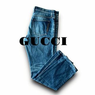 グッチ(Gucci)のD17 美品 M前後 46『グッチ』ロゴレザーパッチ ストレート デニムパンツ(デニム/ジーンズ)