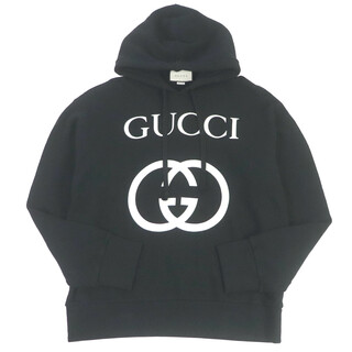 Gucci - 美品□GUCCI グッチ 475374 コットン100％ インターロッキングG ロゴプリント プルオーバー フーディー パーカー ブラック XL イタリア製 正規品 メンズ