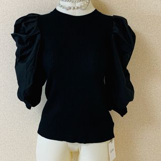 グレイル(GRL)の新品【バルーン袖が可愛い☆】半袖ニットトップス　黒　フリーサイズ(ニット/セーター)