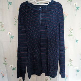 ギャップ(GAP)の値下げ！古着　GAP 薄手ボタン付き長袖カットソー　赤黒ブルーボーダー(Tシャツ/カットソー(七分/長袖))