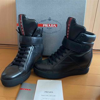 プラダ(PRADA)のPRADA プラダ☆ハイカット スニーカー インヒールスニーカー 黒 羊革(スニーカー)