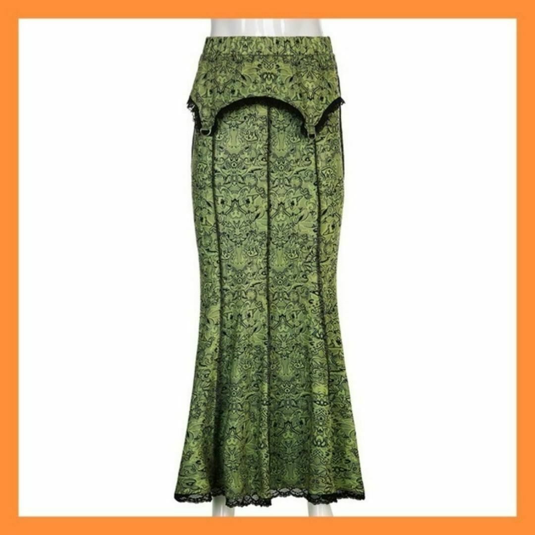【SALE】マーメイドスカート グリーン レディース 総柄 春服 レディースのスカート(ロングスカート)の商品写真