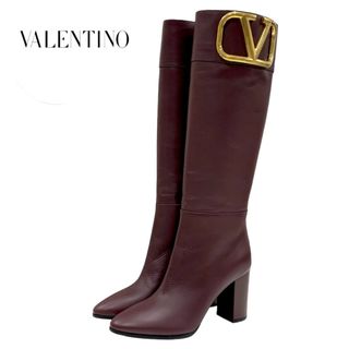 ヴァレンティノ(VALENTINO)のヴァレンティノ VALENTINO ブーツ ロングブーツ 靴 シューズ レザー ボルドー ゴールド V金具(ブーツ)