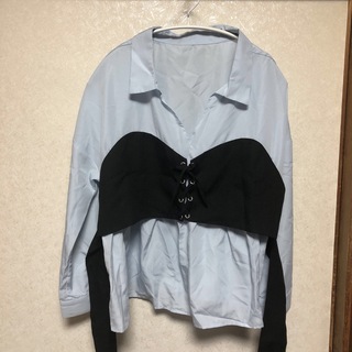 F246 未使用　シャツ　ブラウス　水色　リボン付　服　衣類　レディース(シャツ/ブラウス(長袖/七分))