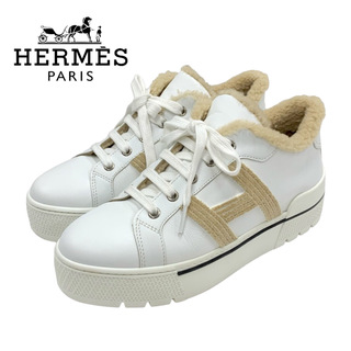 エルメス(Hermes)のエルメス HERMES デア スニーカー 靴 シューズ レザー ムートン ホワイト ベージュ 白 Hロゴ ボア(スニーカー)