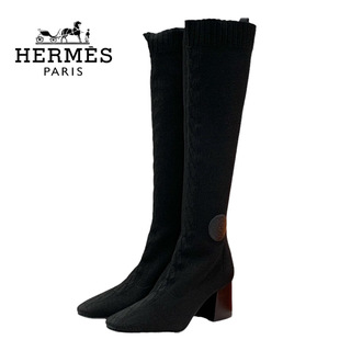 エルメス(Hermes)のエルメス HERMES フォンテーヌ ブーツ ロングブーツ 靴 シューズ ファブリック レザー ブラック 黒 未使用 エクスリブリス ニット(ブーツ)