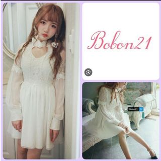 ボボンニジュウイチ(Bobon21)の♡新品Bobon21 ハートレースミニワンピースM長袖ホワイト白フレンチリボン花(ミニワンピース)