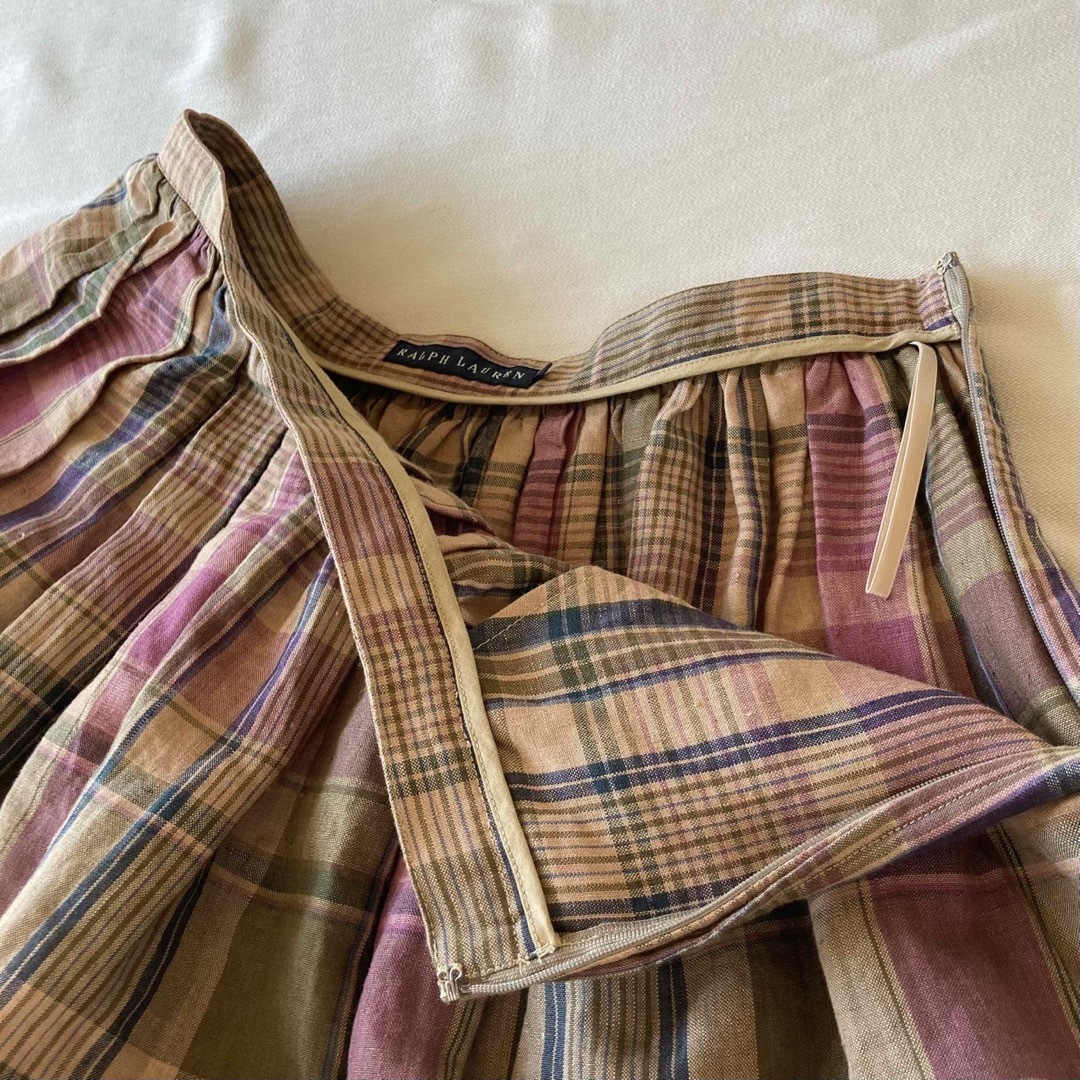 Ralph Lauren(ラルフローレン)のラルフローレン チェック リネン フレア スカート 9 パープル カーキベージュ レディースのスカート(ミニスカート)の商品写真