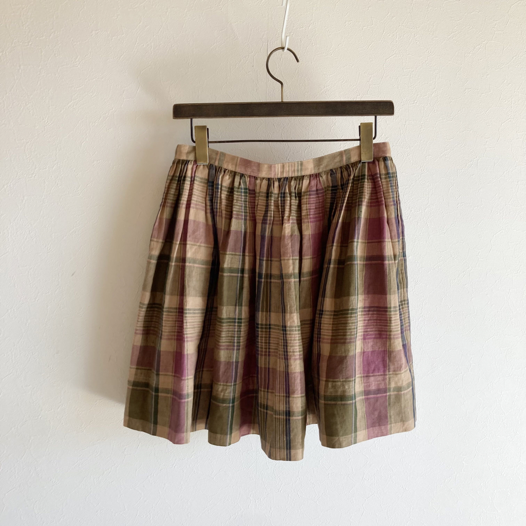 Ralph Lauren(ラルフローレン)のラルフローレン チェック リネン フレア スカート 9 パープル カーキベージュ レディースのスカート(ミニスカート)の商品写真