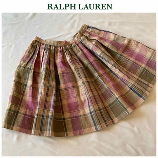 ラルフローレン(Ralph Lauren)のラルフローレン チェック リネン フレア スカート 9 パープル カーキベージュ(ミニスカート)