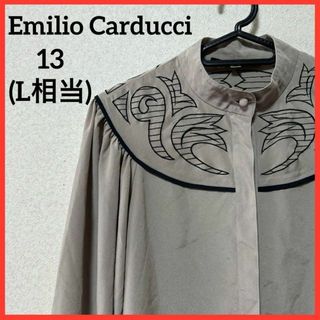 【希少】Emilio Carducci ノーカラーシャツ ブラウス 刺繍 レトロ(シャツ/ブラウス(長袖/七分))