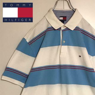 トミーヒルフィガー(TOMMY HILFIGER)の【ゆるだぼ】トミーヒルフィガー 刺繍ロゴ入りポロシャツ　ボーダー　H941(ポロシャツ)