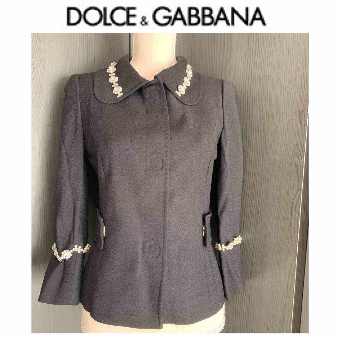 DOLCE&GABBANA(ドルチェアンドガッバーナ)の美品　ドルチェ&ガッバーナ　ブラック　ヴァージンウール　ビジュー　コート　黒 レディースのジャケット/アウター(その他)の商品写真