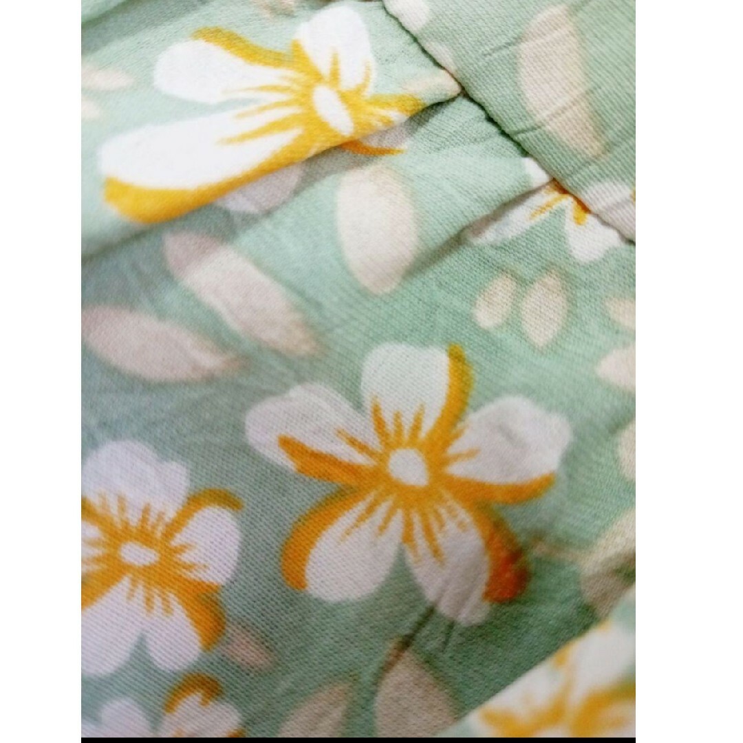 ♡LAUIR 花柄ティアード膝丈ワンピースM半袖ミントグリーン緑リボン韓国黄色白 レディースのワンピース(ひざ丈ワンピース)の商品写真
