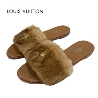 ルイヴィトン(LOUIS VUITTON)のルイヴィトン LOUIS VUITTON ロックイットライン サンダル 靴 シューズ ファー レザー ブラウン ゴールド パドロック フラットサンダル ミュール(サンダル)