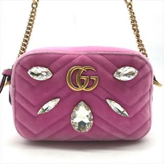 Gucci - 良品 GUCCI グッチ GGマーモント ベロア ストーン チェーン ショルダー バッグ ピンク a3568