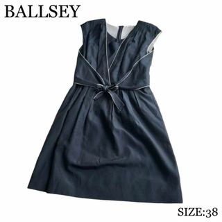 ボールジィ(Ballsey)のBALLSEY フロントリボンコットンシルクワンピース サイズ38 ネイビー(ひざ丈ワンピース)