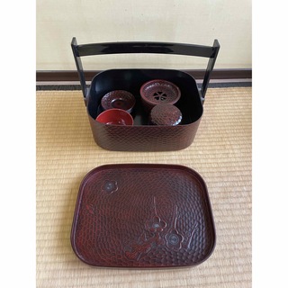 昭和レトロ アンティーク 鎌倉彫り風　茶櫃 茶托 茶殻入れ  茶筒　セット