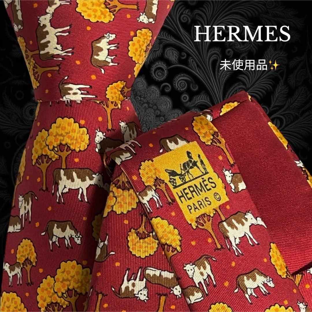 Hermes(エルメス)のHERMES ネクタイ レッド オレンジ ブラウン 牛 動物 木 メンズのファッション小物(ネクタイ)の商品写真