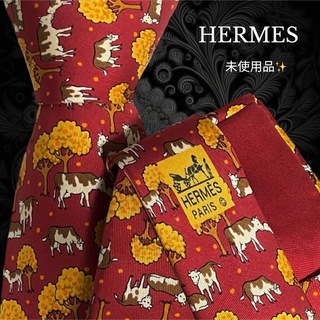 エルメス(Hermes)のHERMES ネクタイ レッド オレンジ ブラウン 牛 動物 木(ネクタイ)