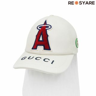 グッチ(Gucci)の美品 GUCCI グッチ × MLB LAエンゼルス コラボ 713786 インターロッキング エンブロイダリー レザー ベースボール キャップ 帽子 46523(キャップ)