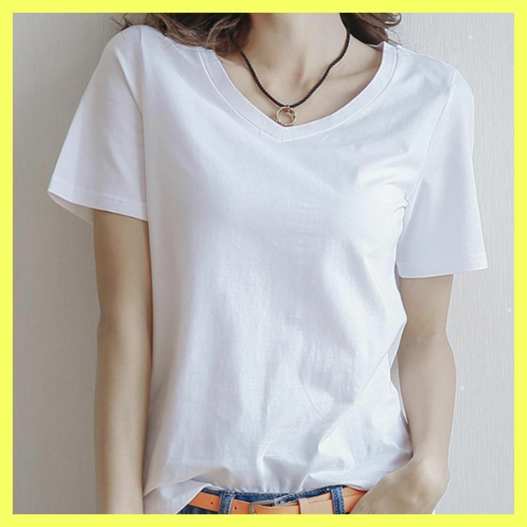 【新品】白　Tシャツ　Vネック　L　半袖　レディース　白T　ホワイト レディースのトップス(Tシャツ(半袖/袖なし))の商品写真