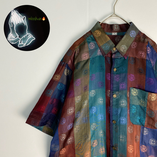 ヴィンテージ　半袖Tシャツ　シルク100％　メンズ　大きめサイズ　レトロ　茶　紫(シャツ)