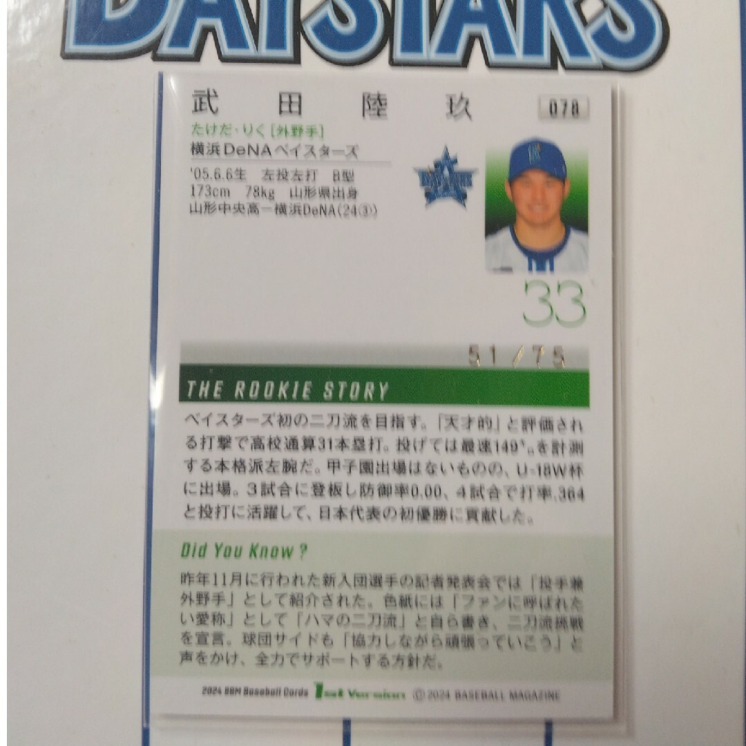 横浜DeNAベイスターズ　武田陸玖 スポーツ/アウトドアの野球(応援グッズ)の商品写真
