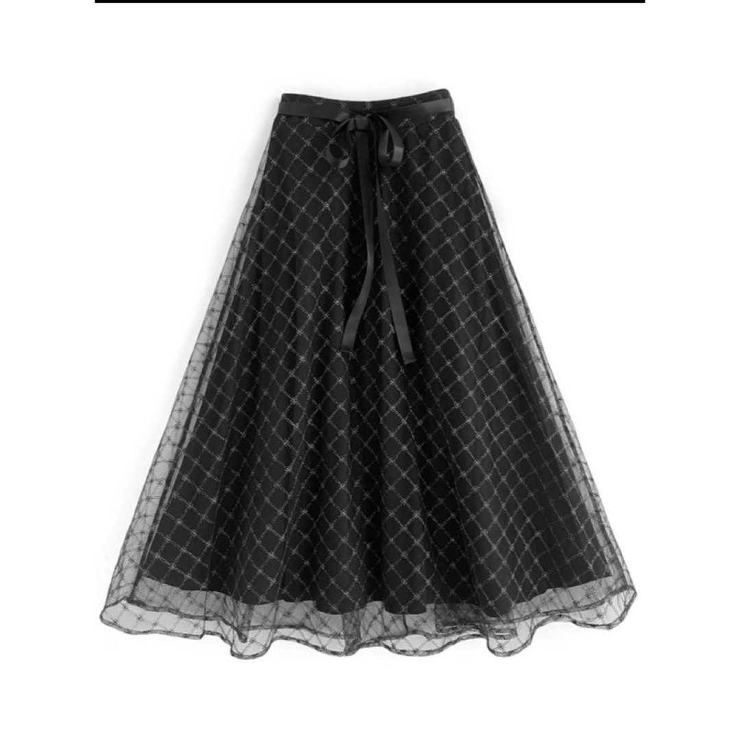 GRL(グレイル)の出品未使用GRLリボンベルト付きダイヤ柄ラメチュールフレアスカートブラック レディースのスカート(ロングスカート)の商品写真