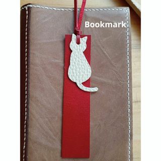 革のしおり　猫型　Bookmark　赤色×ホワイト(しおり/ステッカー)