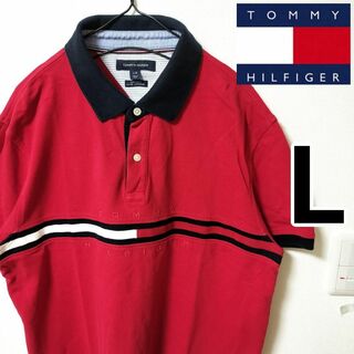 トミーヒルフィガー(TOMMY HILFIGER)のトミーヒルフィガー レッド 半袖ポロシャツ 刺繍ロゴ 人気デザイン 男性L(ポロシャツ)