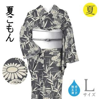 着物だいやす 851■小紋■五泉絽　菊に葦文　夏　消墨色　黒　身長サイズ：L　ガード加工【正絹】【仕立て上がり着物】(着物)