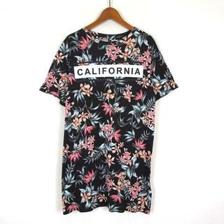 エイチアンドエム(H&M)のエイチ&エム Tシャツ ロング カットソー チュニック 花柄 半袖 M 黒 白(ミニワンピース)