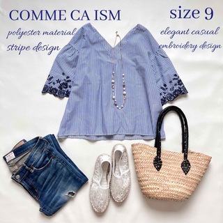 COMME CA ISM - ◆美品◆COMME CA ISM◆ストライプ半袖ブラウス◆刺繍入り◆青×白◆M