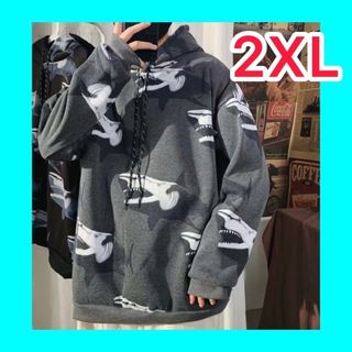 メンズ　パーカー　トップス　サメ　シャーク　グレー　オーバーサイズ　2XL(パーカー)