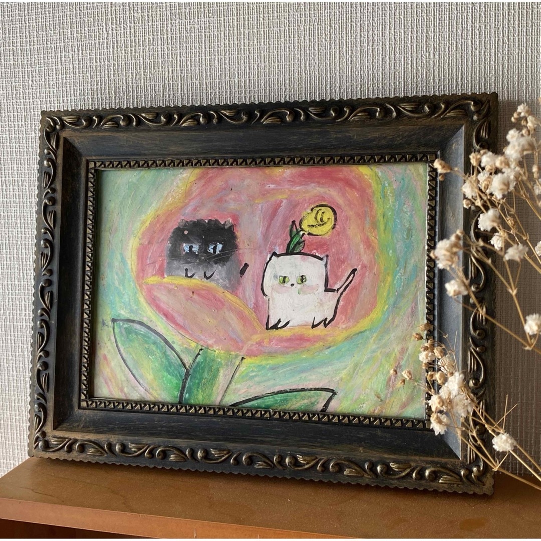 絵画。原画【2匹のかわいい猫がピンクの花の中で花の香りを感じている】 エンタメ/ホビーの美術品/アンティーク(絵画/タペストリー)の商品写真