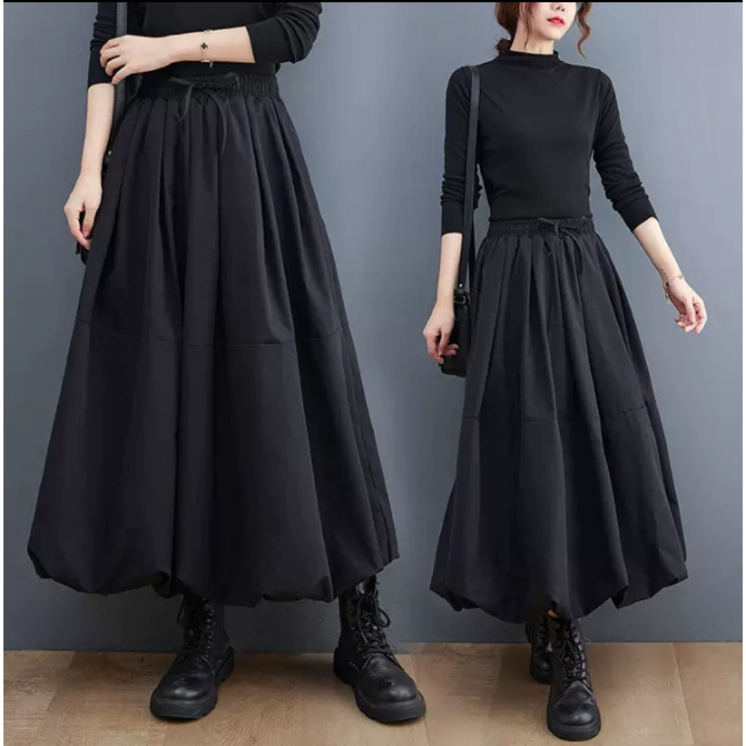 バルーンスカート　ロングスカート 韓国　M 黒　ウエストゴム　ゆったり レディースのスカート(ロングスカート)の商品写真