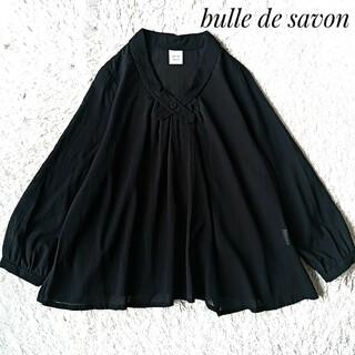 bulle de savon - 【ビュルデサボン】コットンギャザーブラウス 黒 シアー プルオーバー 長袖